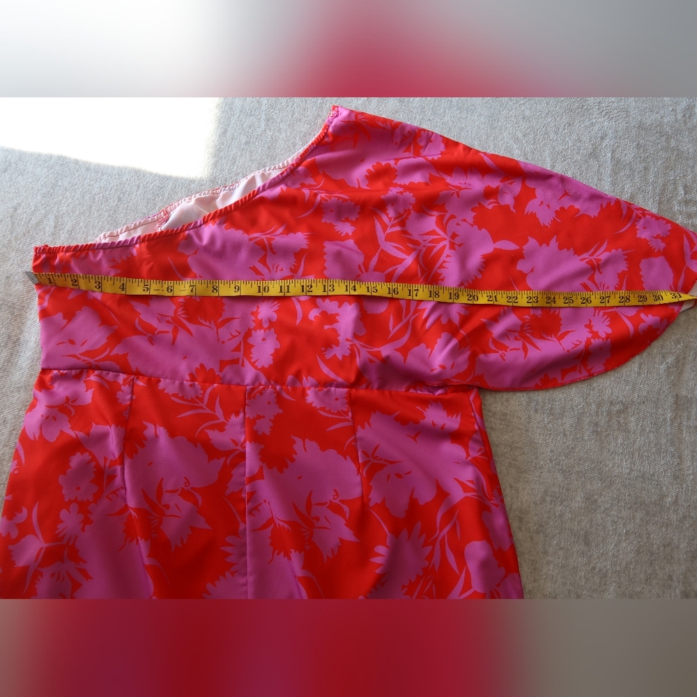 Pink and Red Floral Asymmetrical One Sleeve Off Shoulder Dress - Picture 10 of 12